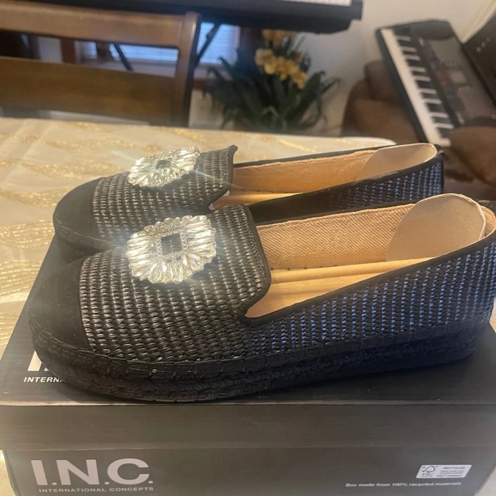 INC International Concepts Black Espadrille Loafers with Silver Accent Brooch
